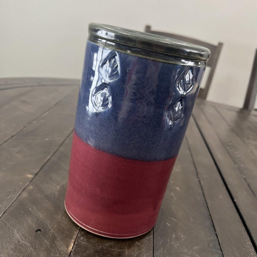 Pam Snyder Art Pottery Crock WV Embossed Leaves Red Blue‎ Cannister